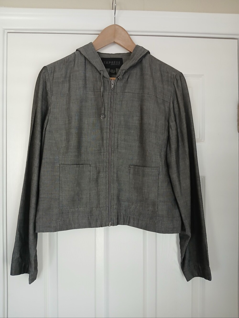 Express Gray Hooded Zip-Front Cropped Bomber Jacket